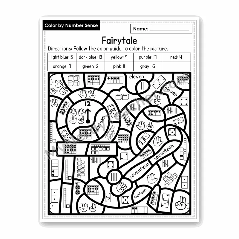 Fairytale Color by Number Sense — Numbers to 20 Worksheet (Set 8)