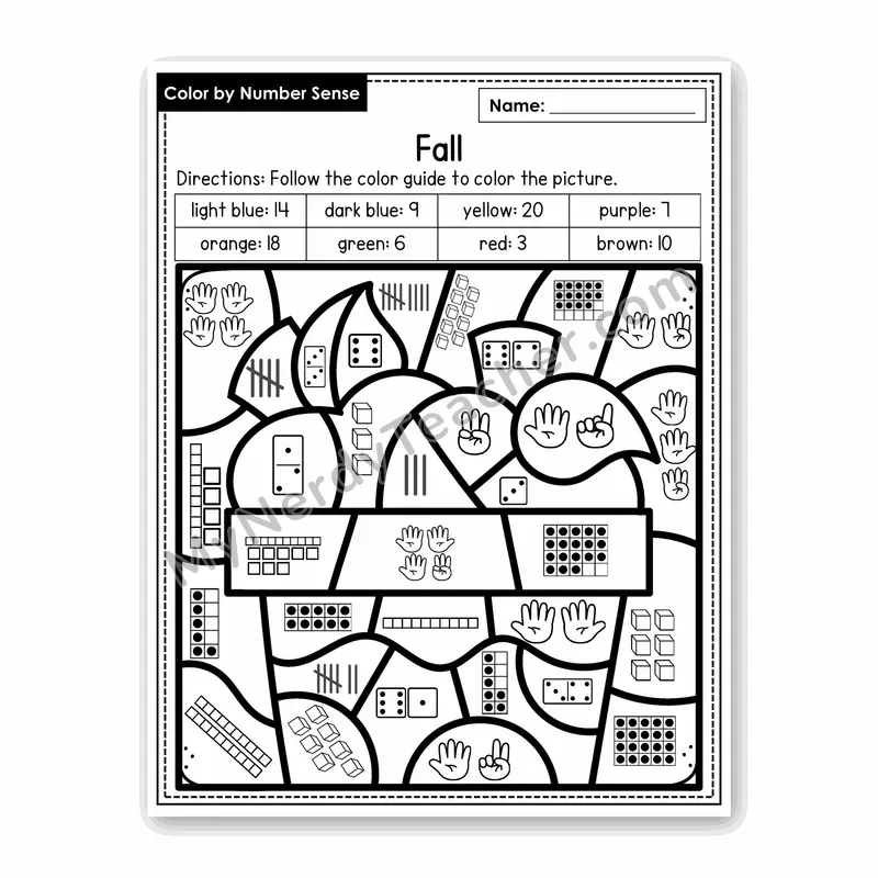 Fall Color by Number Sense — Numbers to 20 Worksheet (Set 1)