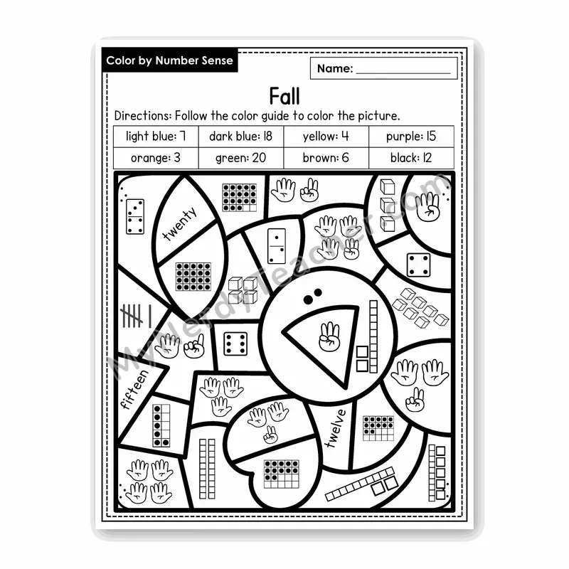 Fall Color by Number Sense — Numbers to 20 Worksheet (Set 3)