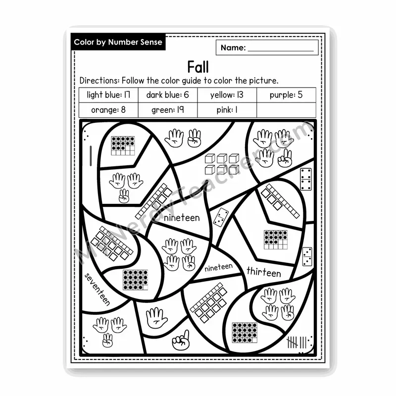 Fall Color by Number Sense — Numbers to 20 Worksheet (Set 2)