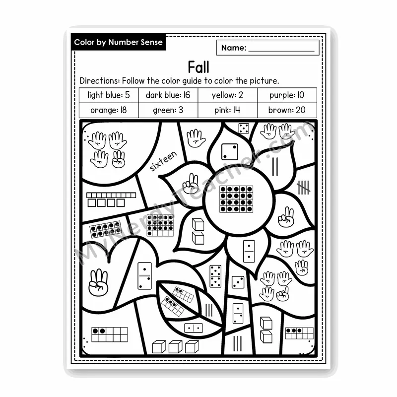 Fall Color by Number Sense — Numbers to 20 Worksheet (Set 8)