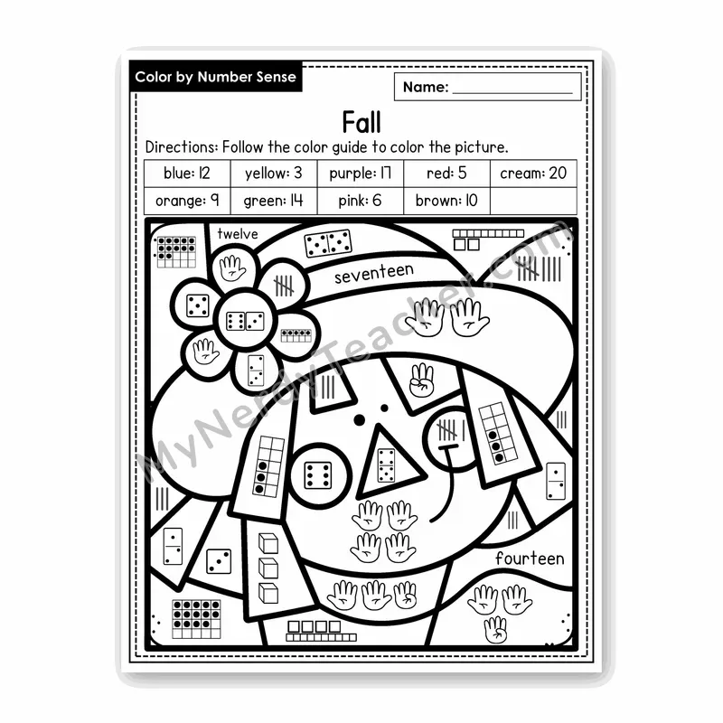 Fall Color by Number Sense — Numbers to 20 Worksheet (Set 6)