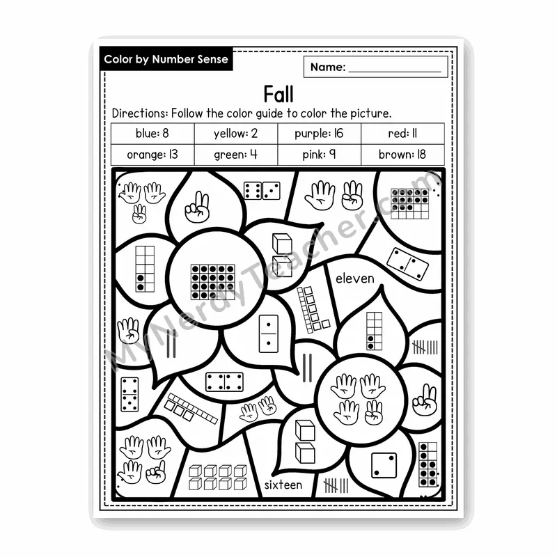 Fall Color by Number Sense — Numbers to 20 Worksheet (Set 4)