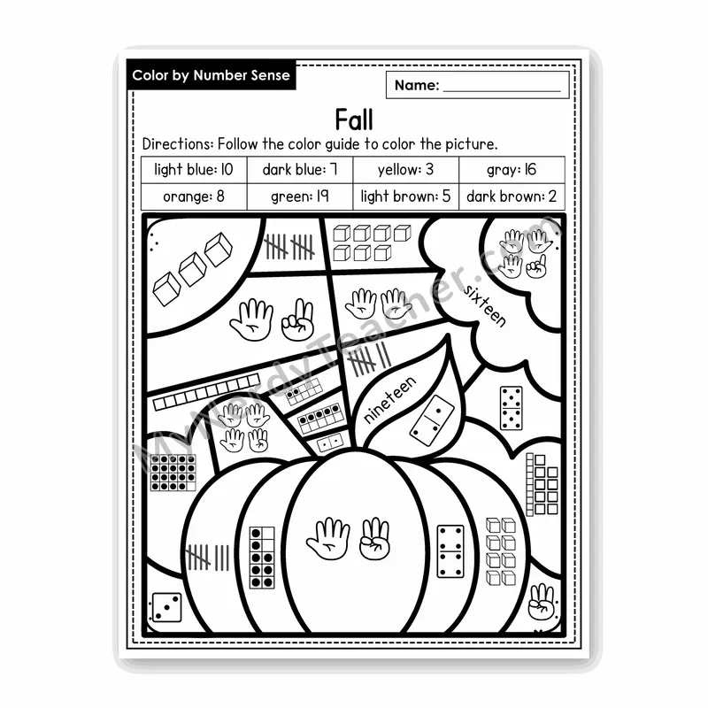 Fall Color by Number Sense — Numbers to 20 Worksheet (Set 5)