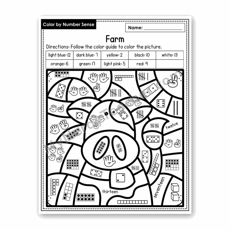 Farm Color by Number Sense — Numbers to 20 Worksheet (Set 2)