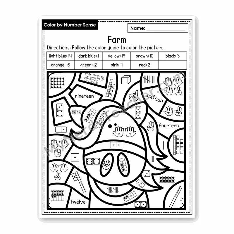 Farm Color by Number Sense — Numbers to 20 Worksheet (Set 3)