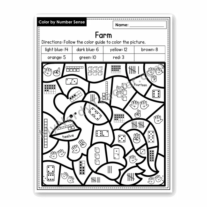Farm Color by Number Sense — Numbers to 20 Worksheet (Set 5)