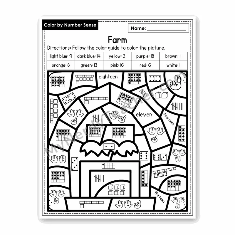 Farm Color by Number Sense — Numbers to 20 Worksheet (Set 1)
