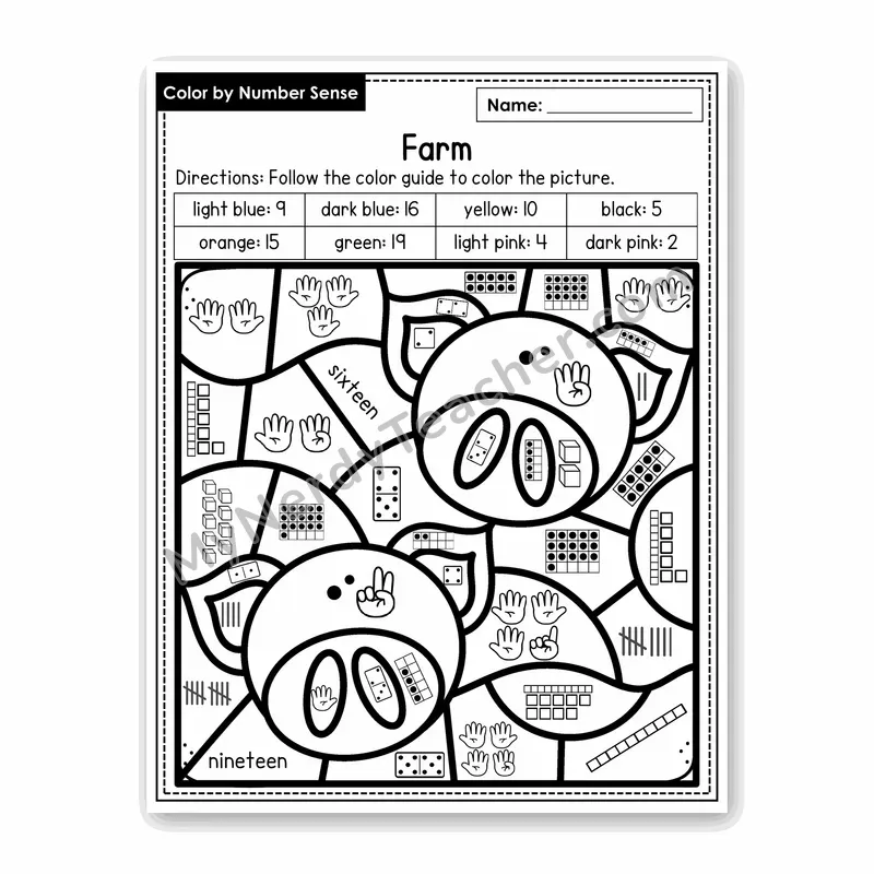 Farm Color by Number Sense — Numbers to 20 Worksheet (Set 4)