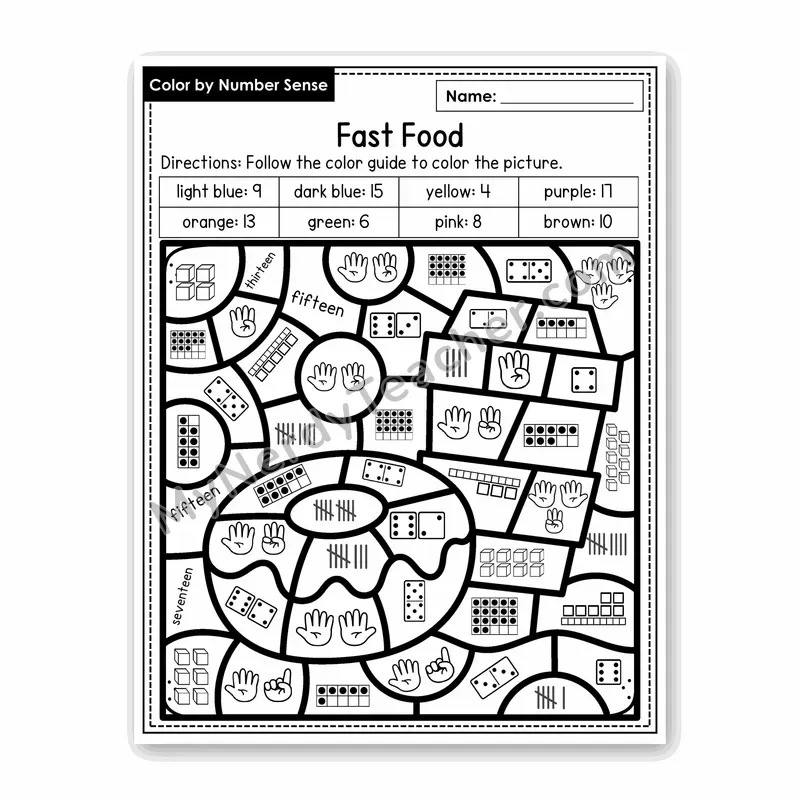 Fast Food Color by Number Sense — Numbers to 20 Worksheet (Set 1)