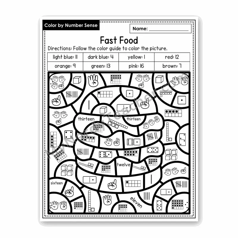Fast Food Color by Number Sense — Numbers to 20 Worksheet (Set 2)