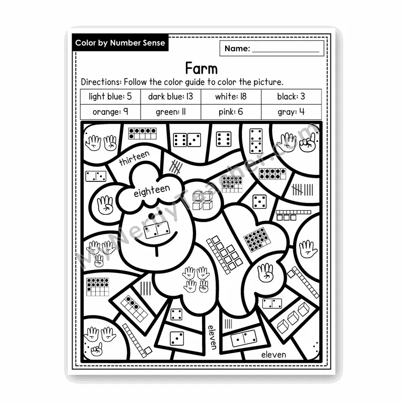 Farm Color by Number Sense — Numbers to 20 Worksheet (Set 6)