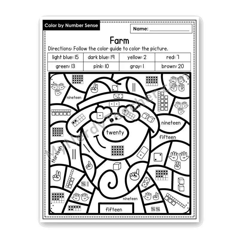 Farm Color by Number Sense — Numbers to 20 Worksheet (Set 8)