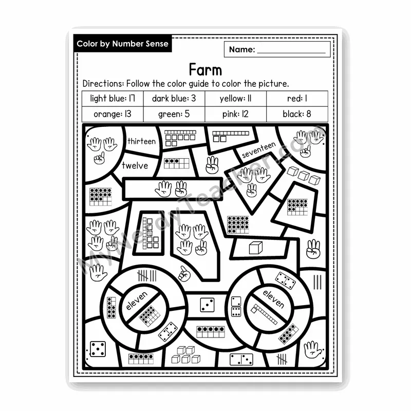Farm Color by Number Sense — Numbers to 20 Worksheet (Set 7)