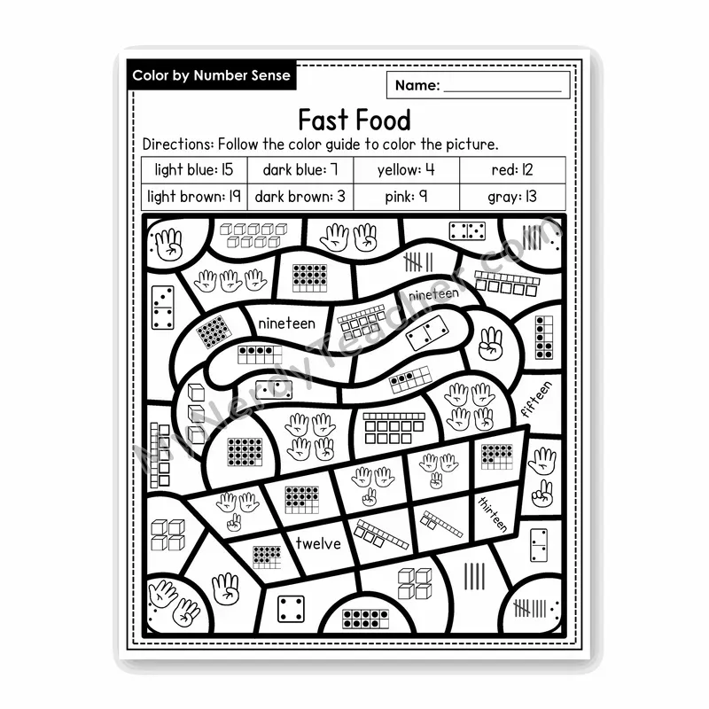 Fast Food Color by Number Sense — Numbers to 20 Worksheet (Set 7)