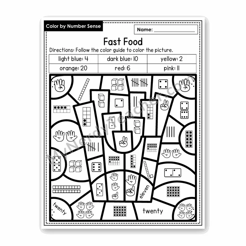 Fast Food Color by Number Sense — Numbers to 20 Worksheet (Set 6)
