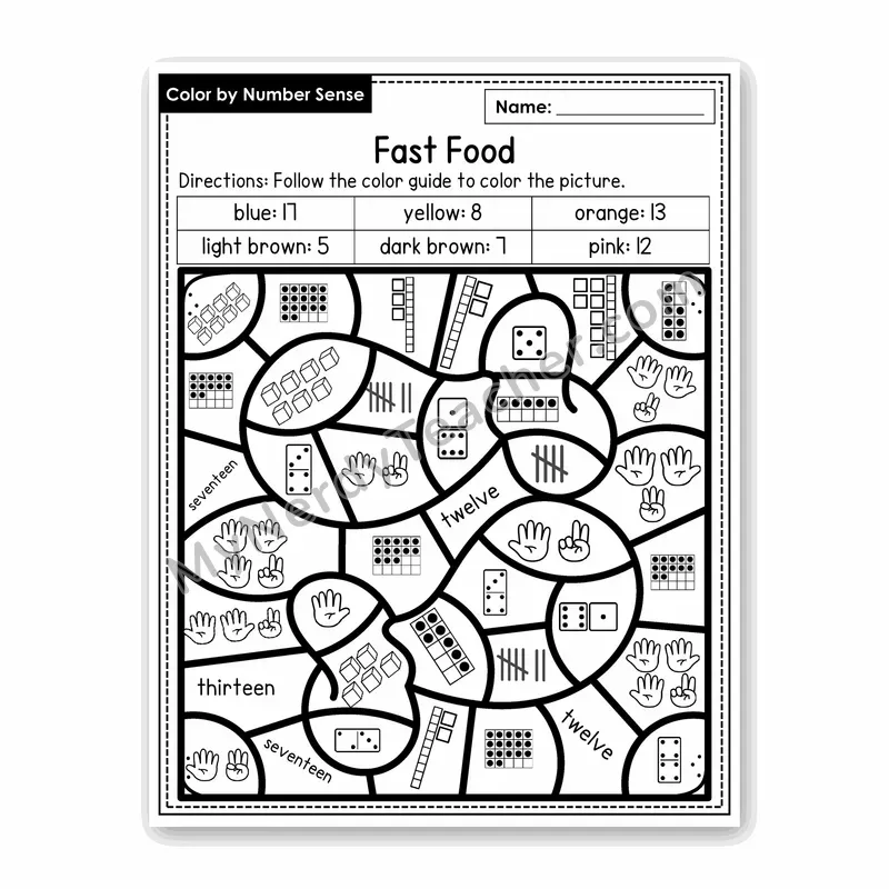Fast Food Color by Number Sense — Numbers to 20 Worksheet (Set 3)