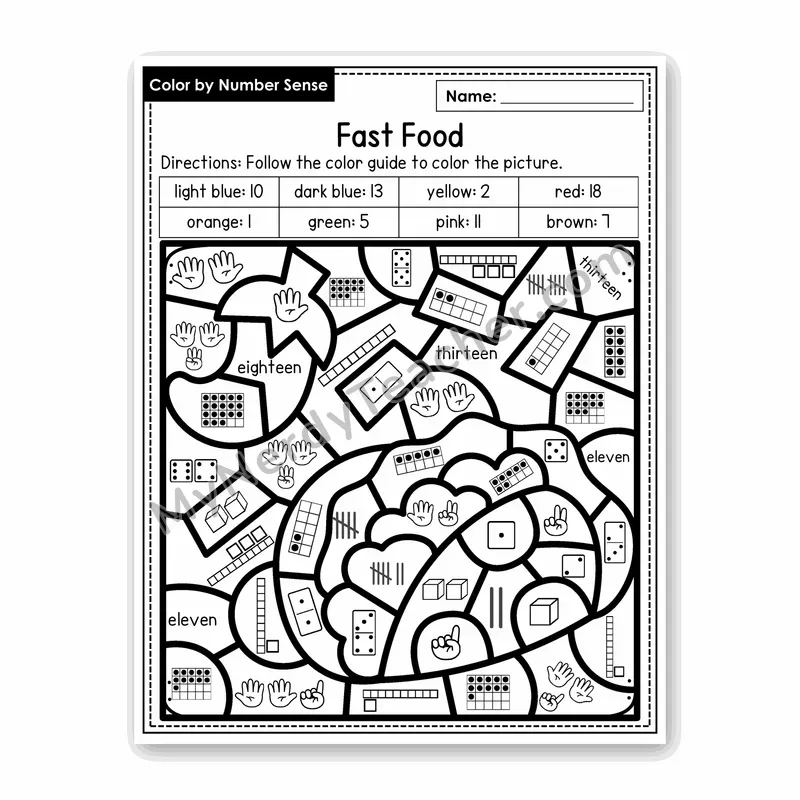 Fast Food Color by Number Sense — Numbers to 20 Worksheet (Set 5)