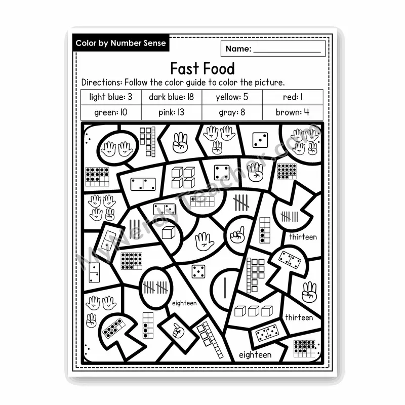 Fast Food Color by Number Sense — Numbers to 20 Worksheet (Set 4)