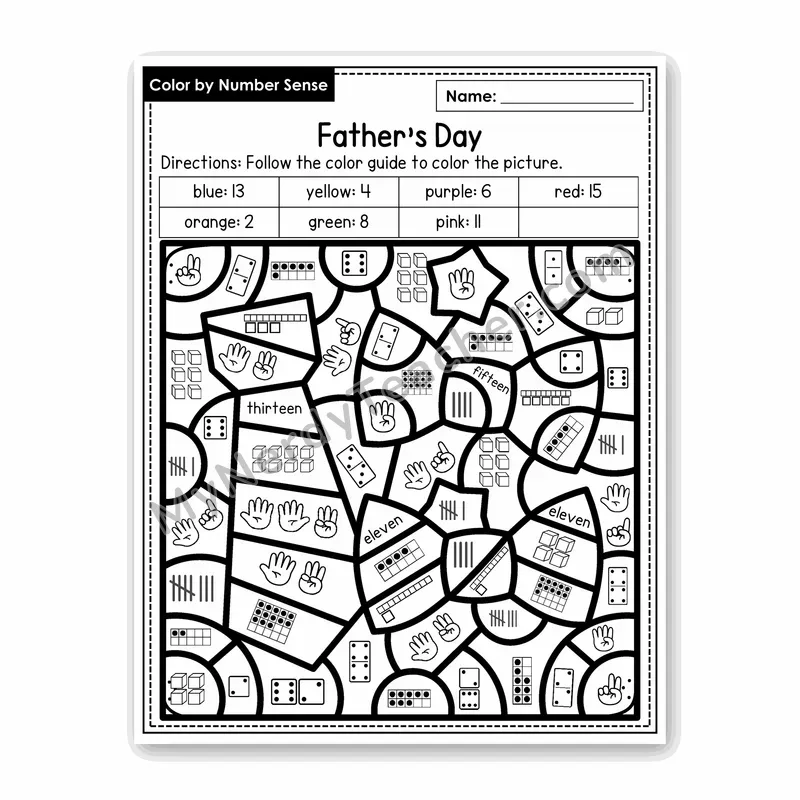 Father's Day Color by Number Sense — Numbers to 20 Worksheet (Set 2)