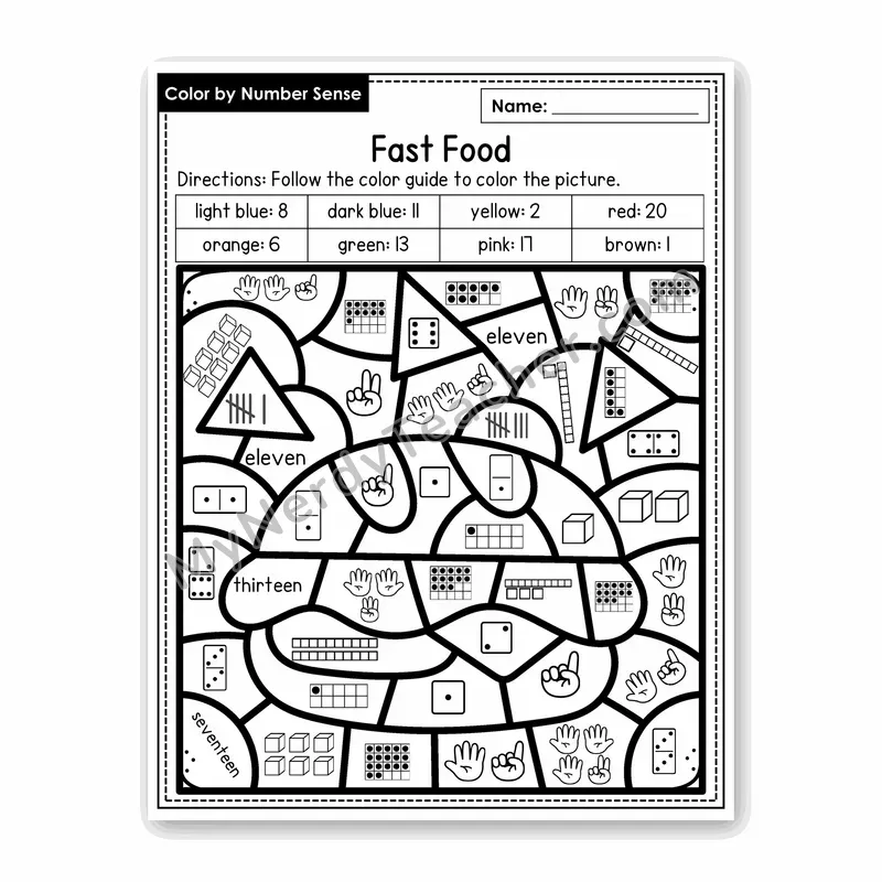 Fast Food Color by Number Sense — Numbers to 20 Worksheet (Set 8)