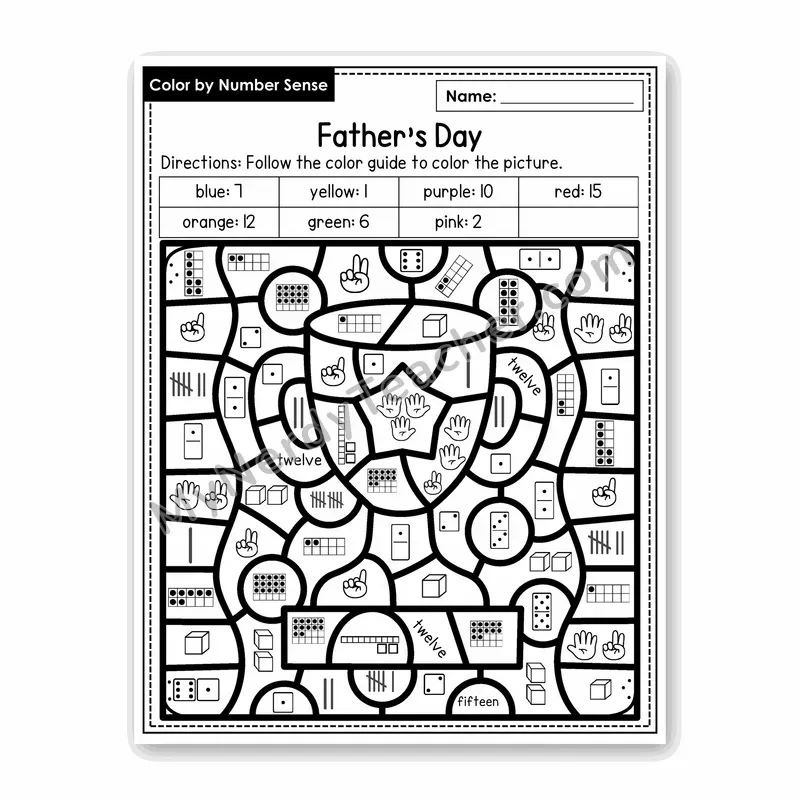 Father's Day Color by Number Sense — Numbers to 20 Worksheet (Set 4)