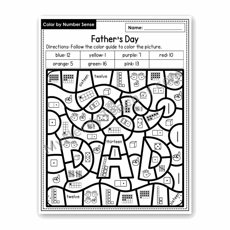 Father's Day Color by Number Sense — Numbers to 20 Worksheet (Set 1)