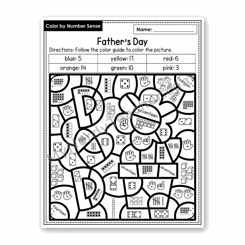 Father's Day Color by Number Sense — Numbers to 20 Worksheet (Set 3)
