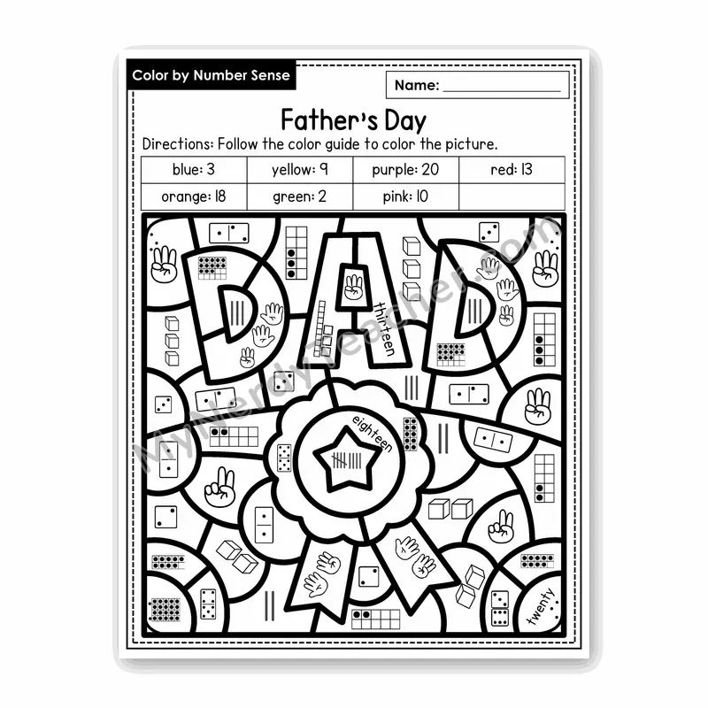 Father's Day Color by Number Sense — Numbers to 20 Worksheet (Set 7)