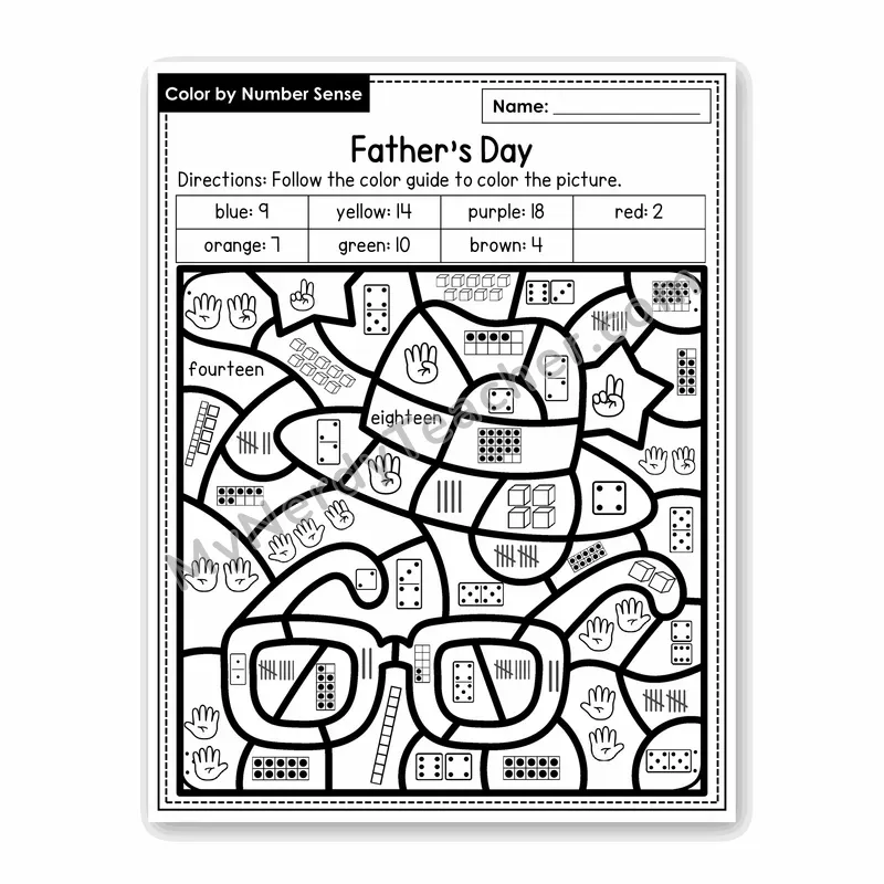 Father's Day Color by Number Sense — Numbers to 20 Worksheet (Set 9)