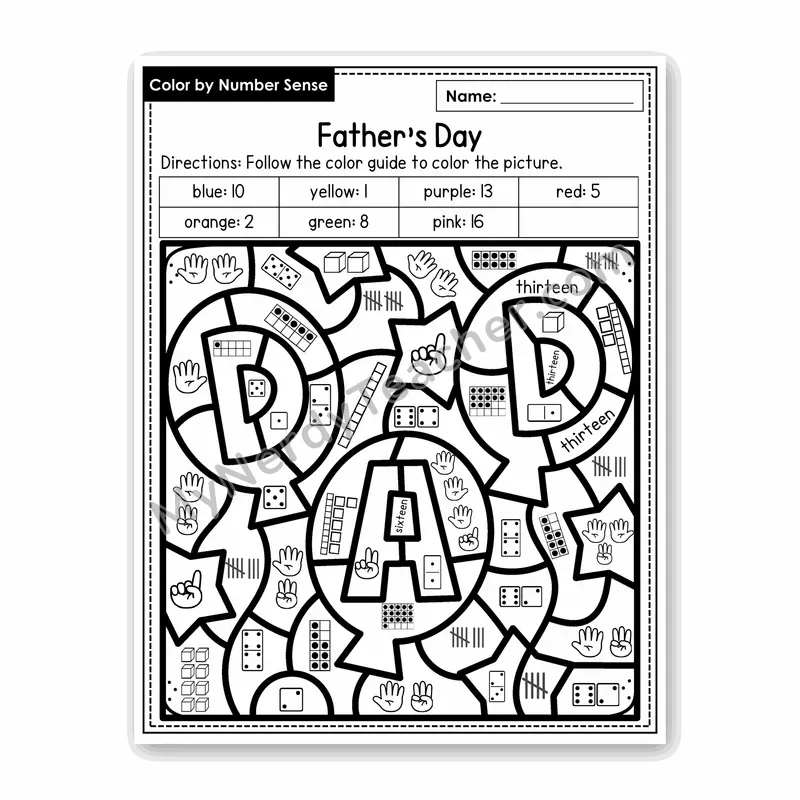 Father's Day Color by Number Sense — Numbers to 20 Worksheet (Set 6)