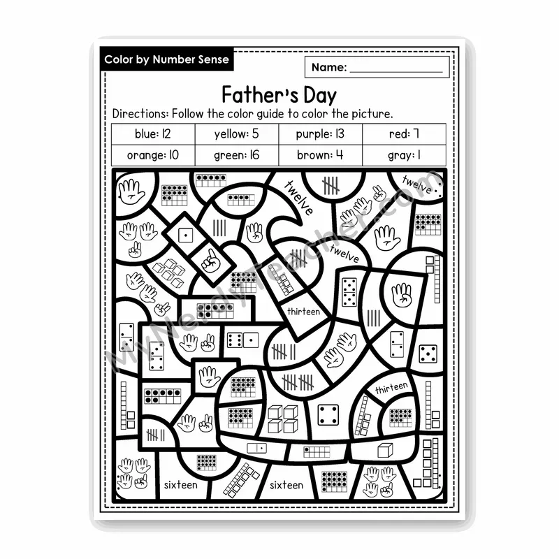 Father's Day Color by Number Sense — Numbers to 20 Worksheet (Set 8)