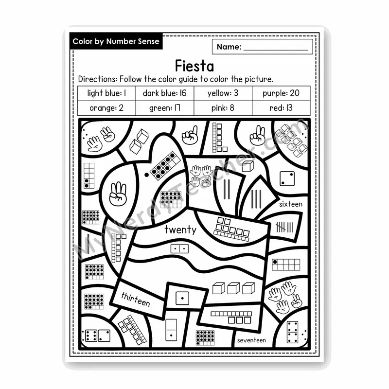 Fiesta Color by Number Sense — Numbers to 20 Worksheet (Set 3)