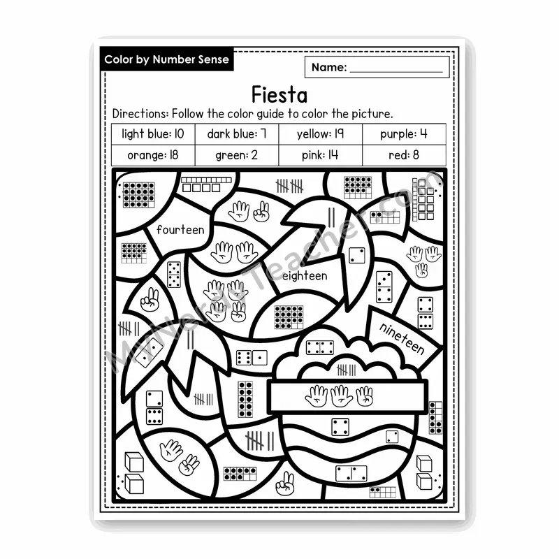 Fiesta Color by Number Sense — Numbers to 20 Worksheet (Set 4)