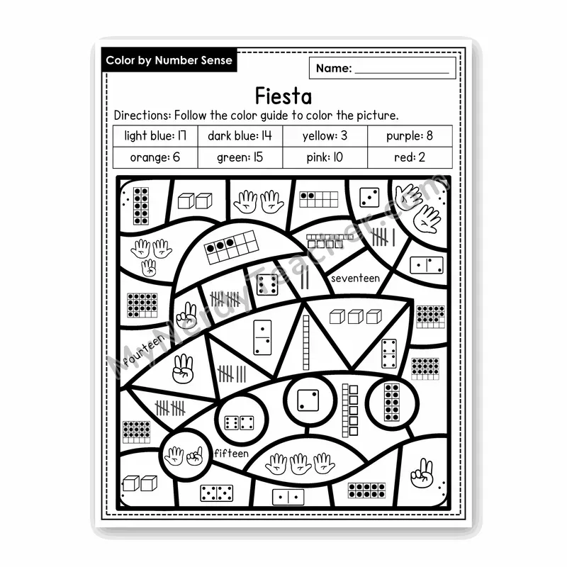 Fiesta Color by Number Sense — Numbers to 20 Worksheet (Set 1)