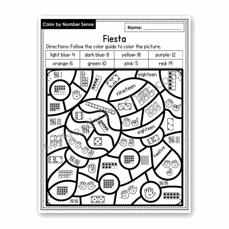 Fiesta Color by Number Sense — Numbers to 20 Worksheet (Set 2)