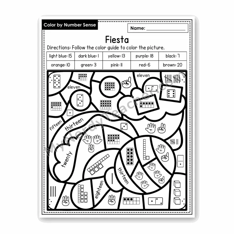 Fiesta Color by Number Sense — Numbers to 20 Worksheet (Set 5)