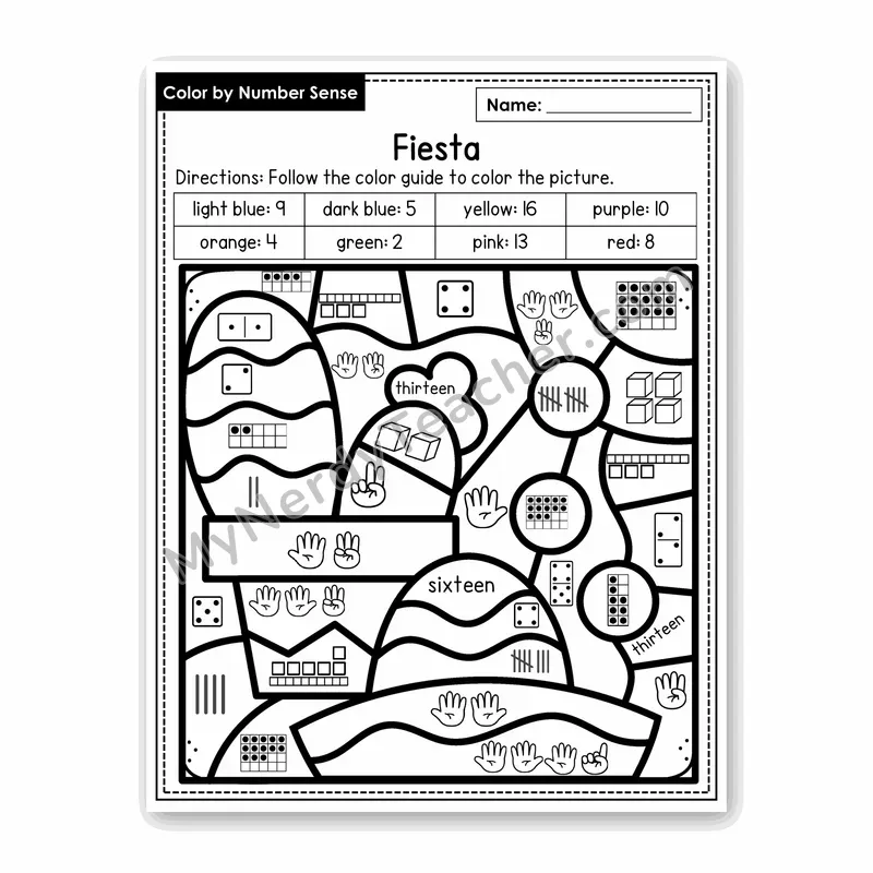 Fiesta Color by Number Sense — Numbers to 20 Worksheet (Set 6)