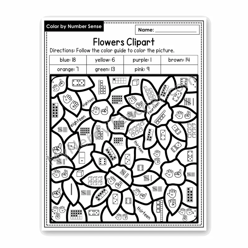 Flowers Clipart Color by Number Sense — Numbers to 20 Worksheet (Set 1)