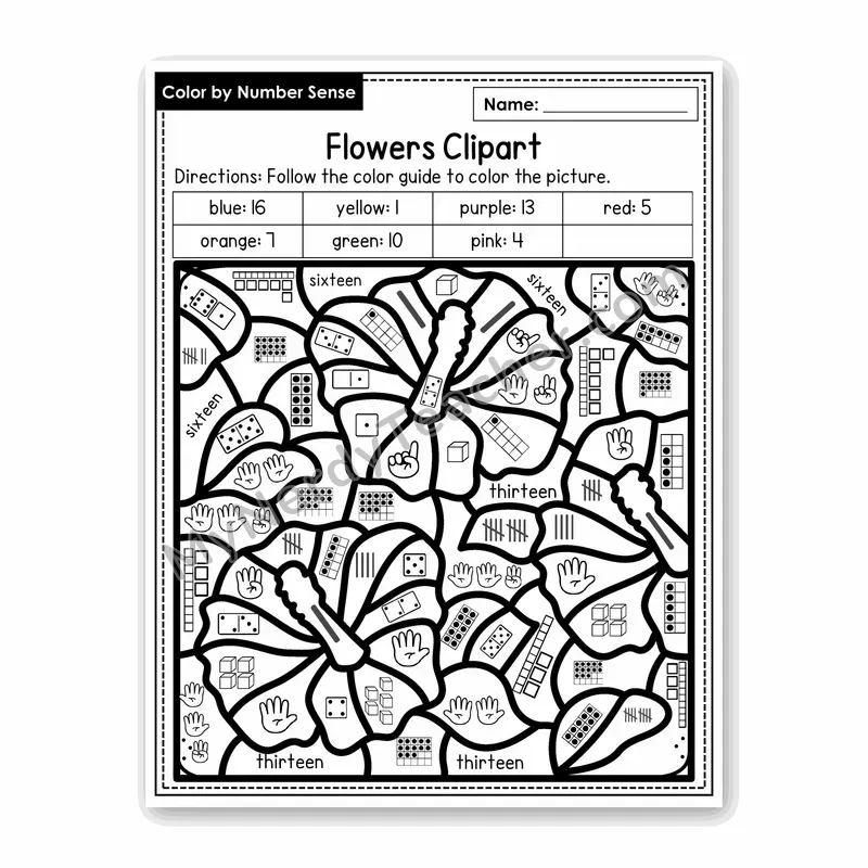 Flowers Clipart Color by Number Sense — Numbers to 20 Worksheet (Set 2)