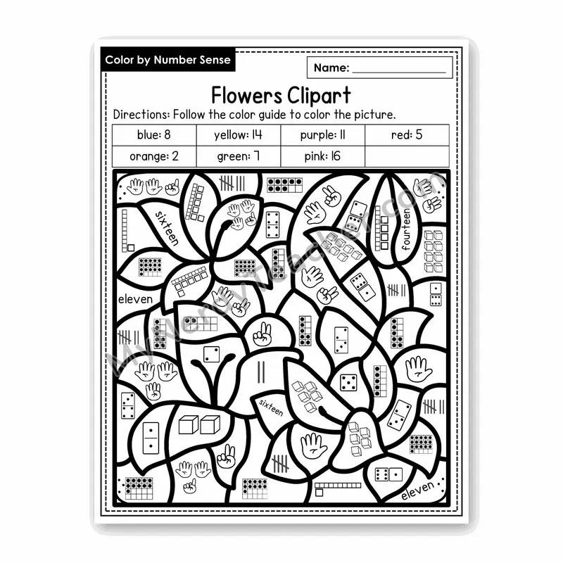 Flowers Clipart Color by Number Sense — Numbers to 20 Worksheet (Set 3)
