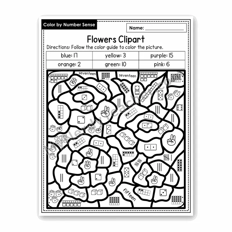 Flowers Clipart Color by Number Sense — Numbers to 20 Worksheet (Set 4)