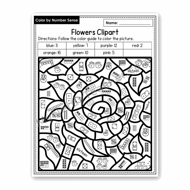 Flowers Clipart Color by Number Sense — Numbers to 20 Worksheet (Set 6)