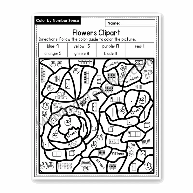 Flowers Clipart Color by Number Sense — Numbers to 20 Worksheet (Set 5)