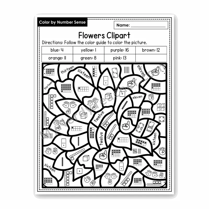 Flowers Clipart Color by Number Sense — Numbers to 20 Worksheet (Set 7)