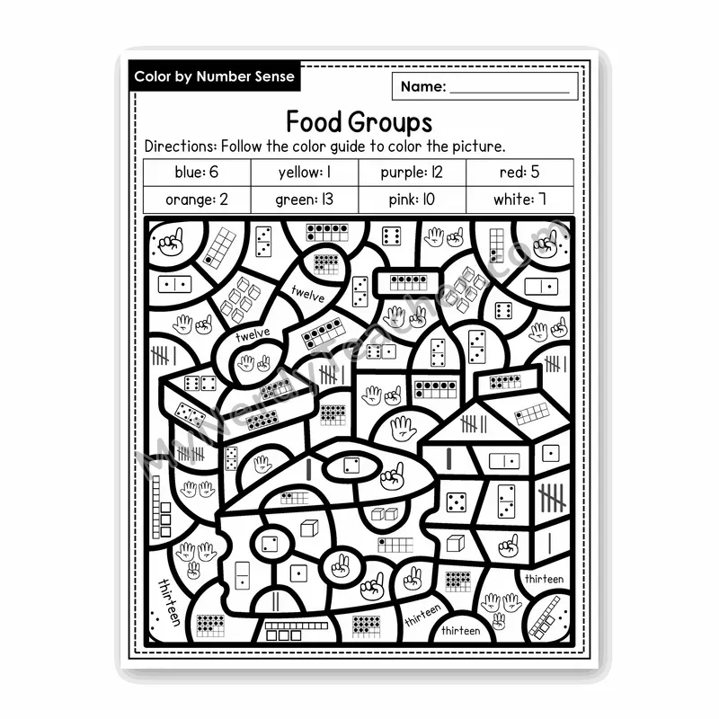 Food Groups Color by Number Sense — Numbers to 20 Worksheet (Set 1)