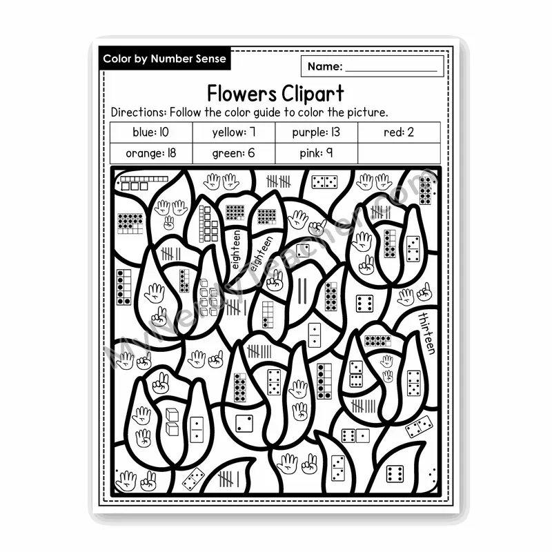 Flowers Clipart Color by Number Sense — Numbers to 20 Worksheet (Set 8)