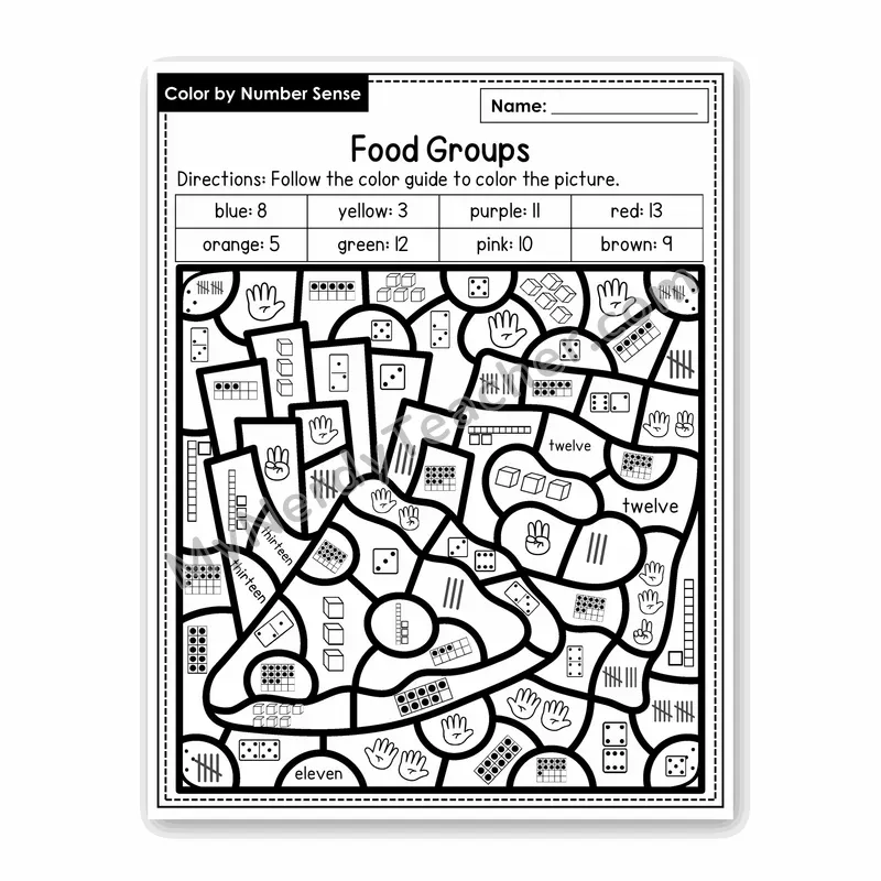 Food Groups Color by Number Sense — Numbers to 20 Worksheet (Set 5)