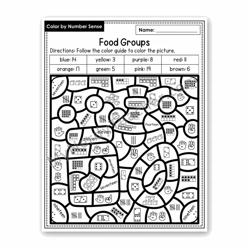 Food Groups Color by Number Sense — Numbers to 20 Worksheet (Set 2)