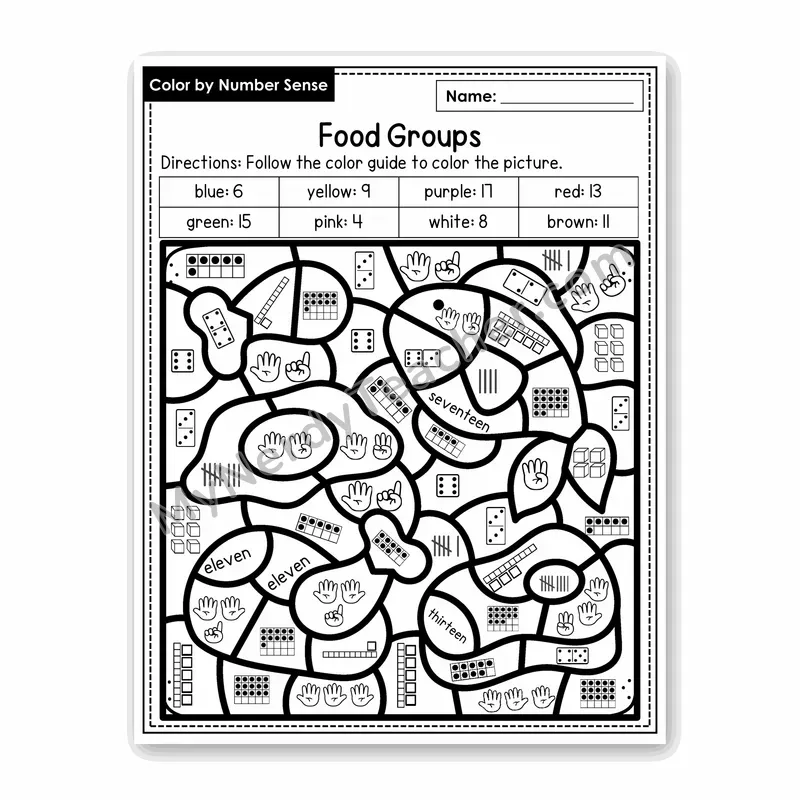 Food Groups Color by Number Sense — Numbers to 20 Worksheet (Set 6)
